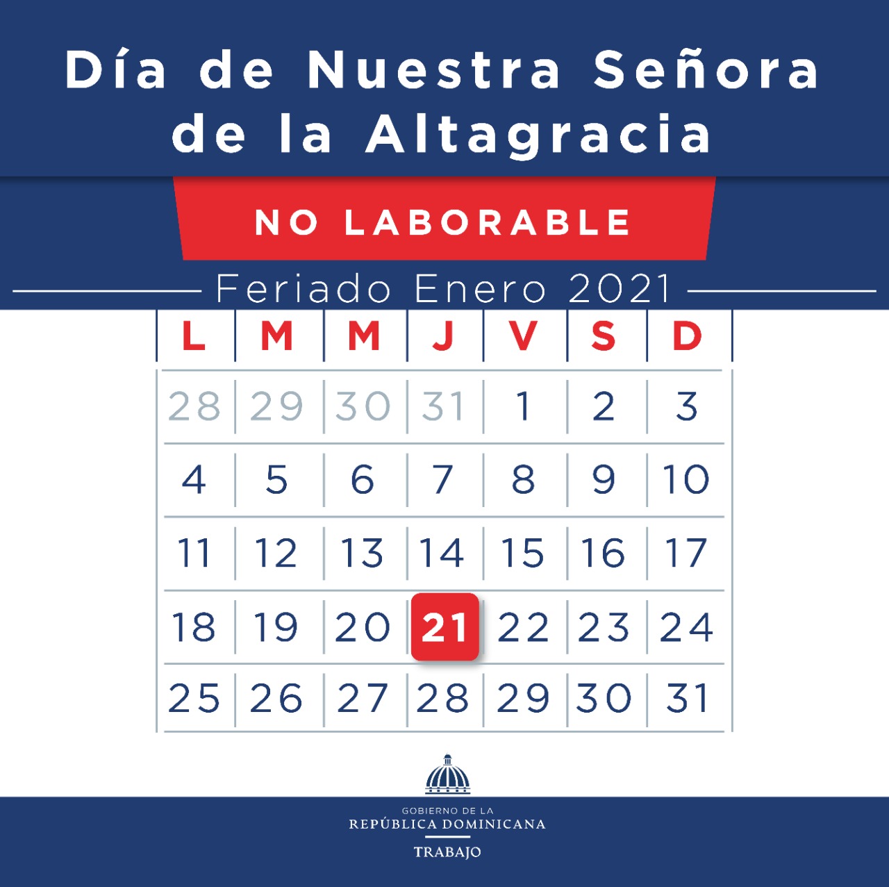 Ministerio de Trabajo reitera feriado Día de la Altagracia “no se cambia”