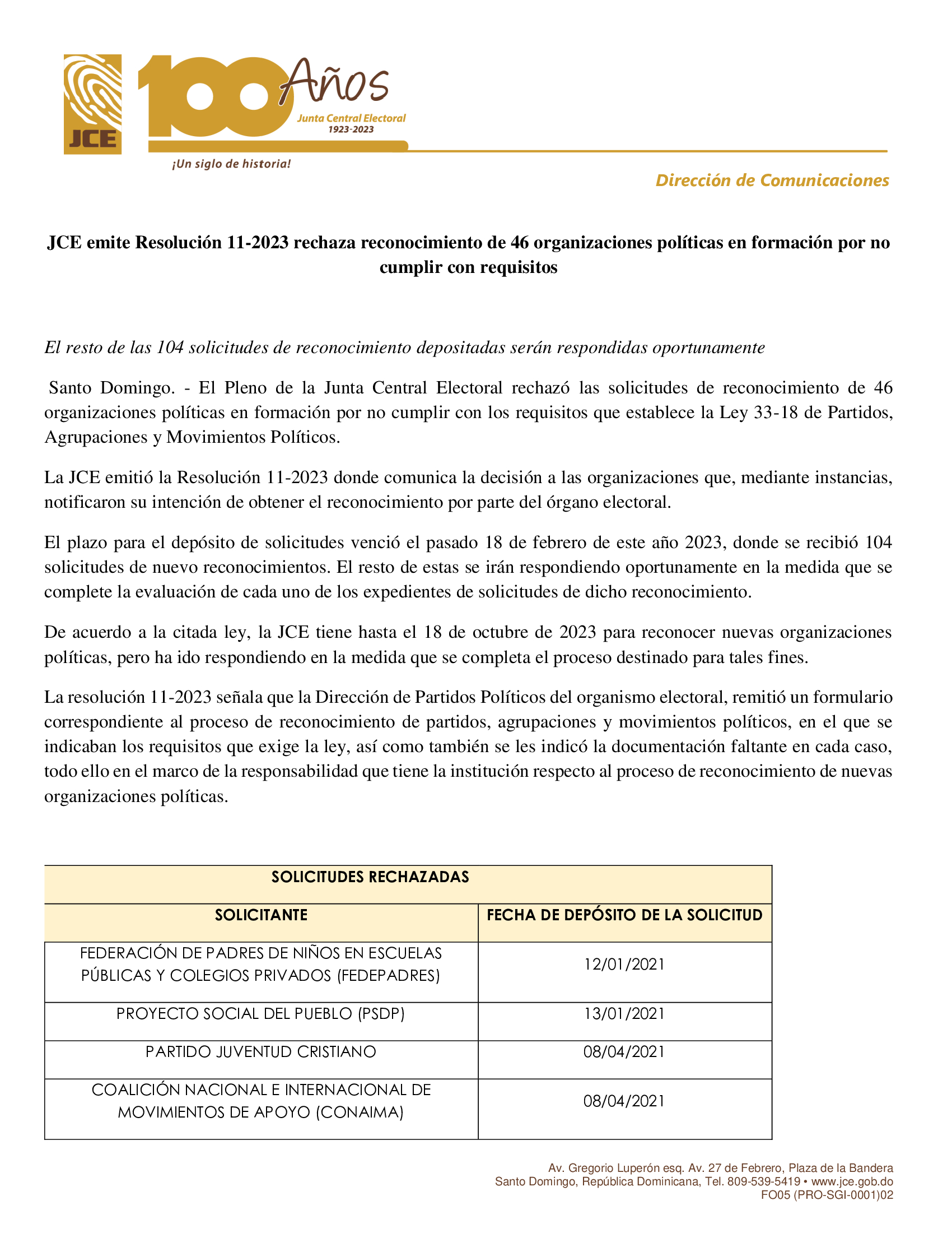JCE emite Resolución 11-2023 rechaza reconocimiento de 46 organizaciones políticas en formación por no cumplir con requisitos.
