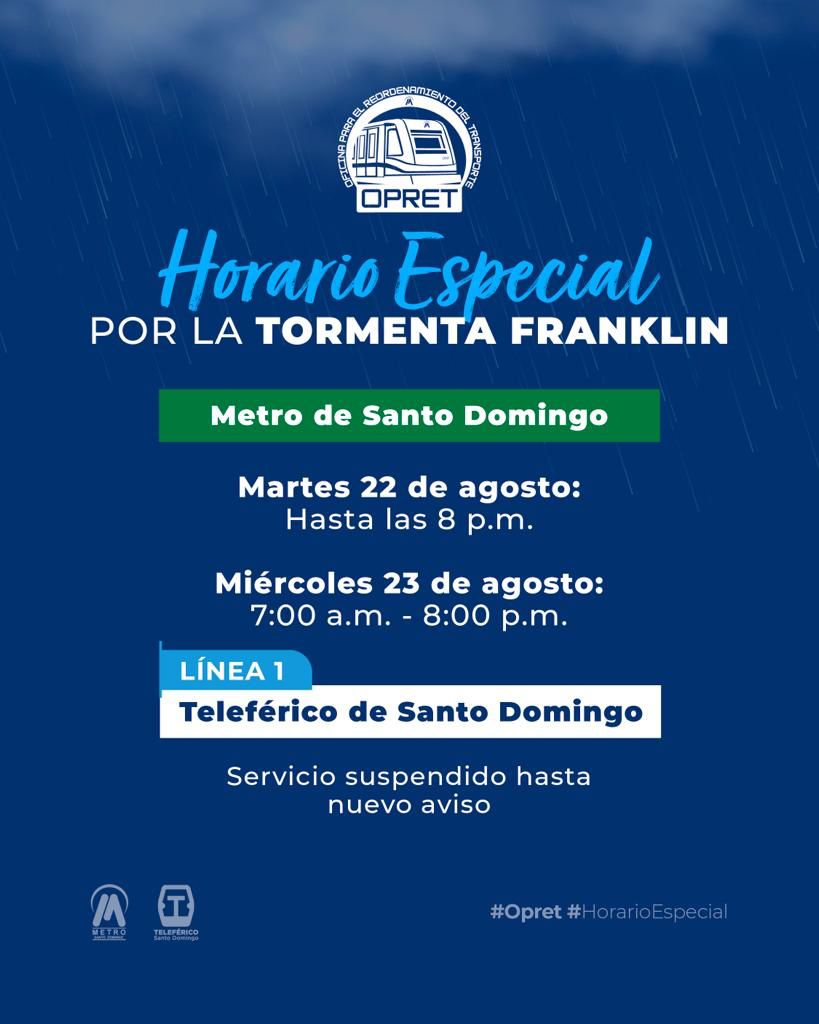 OPRET anuncia horario especial del MetroSD por paso de tormenta Franklin