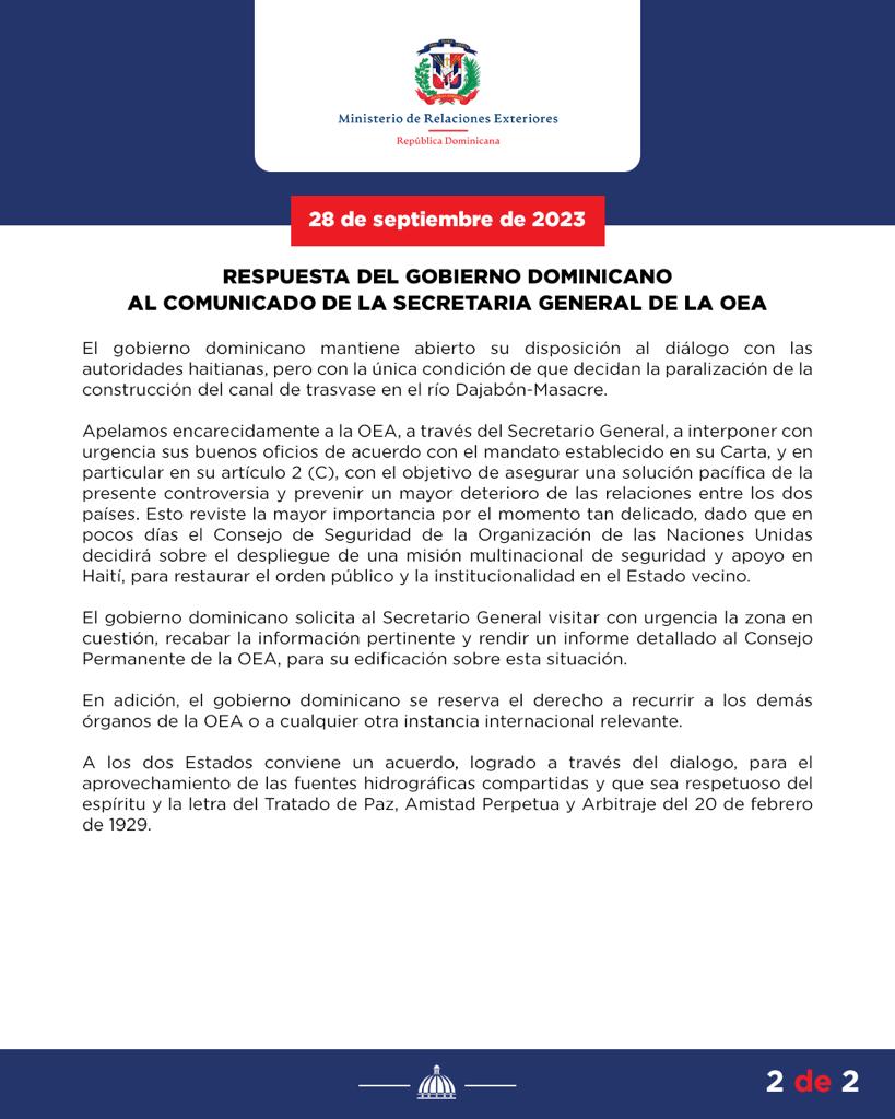 Respuesta del Gobierno dominicano al comunicado de la Secretaría General de la OEA