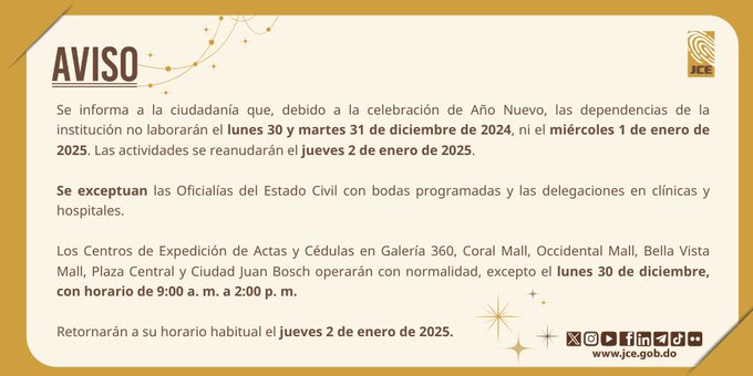 JCE Anuncia Horario Especial por Año Nuevo y Servicios Esenciales Disponibles