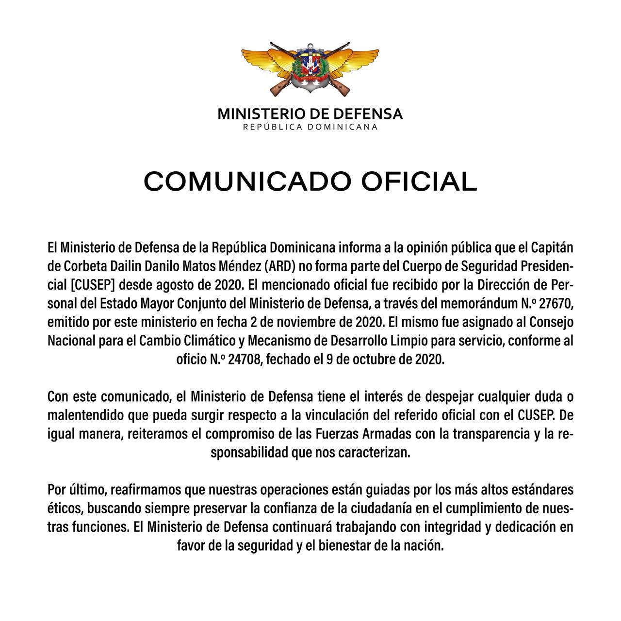 Ministerio de Defensa aclaración desvinculación de oficial del Cuerpo de Seguridad Presidencial
