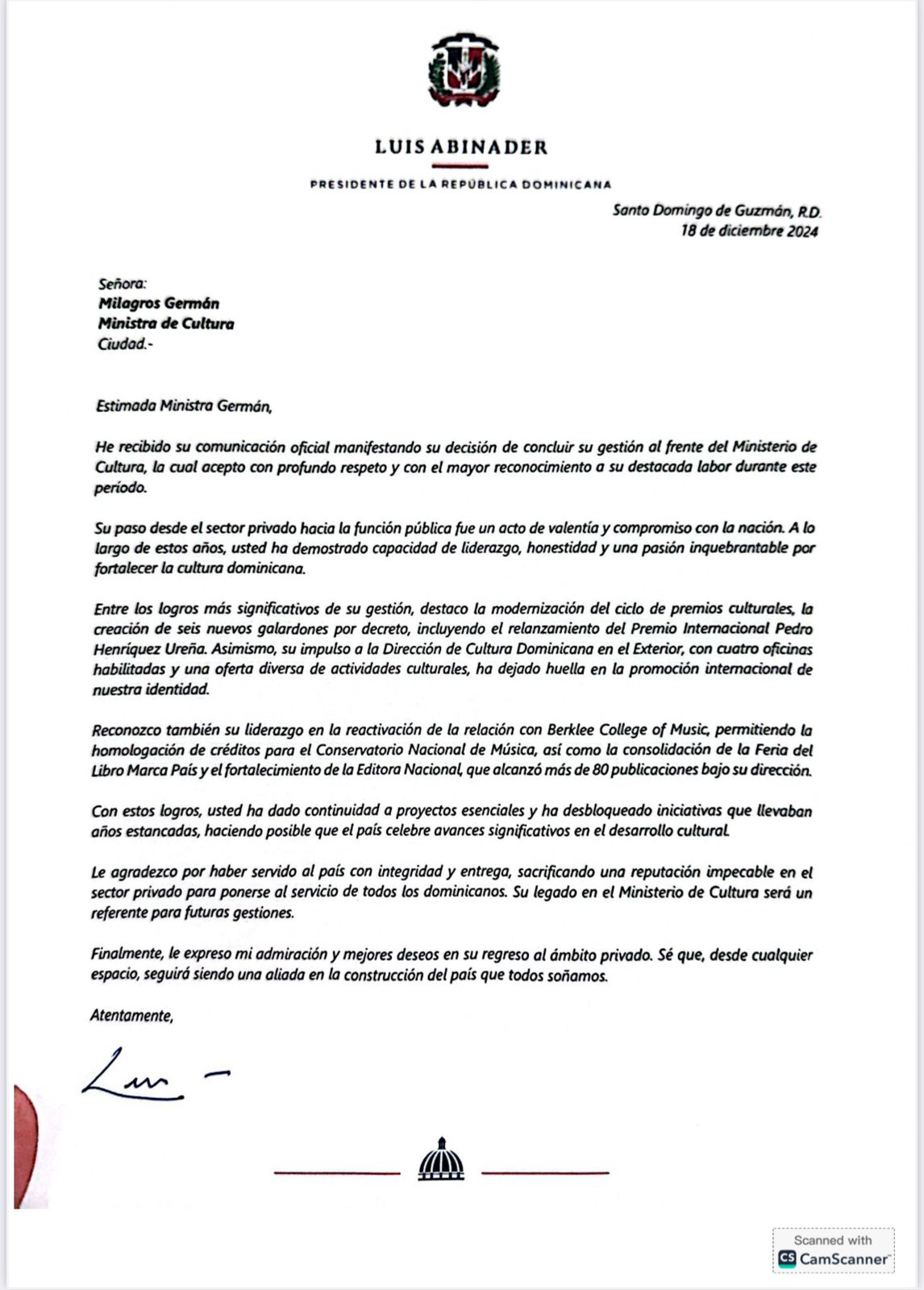 Luis Abinader destaca legado de Milagros Germán al concluir su gestión en el Ministerio de Cultura