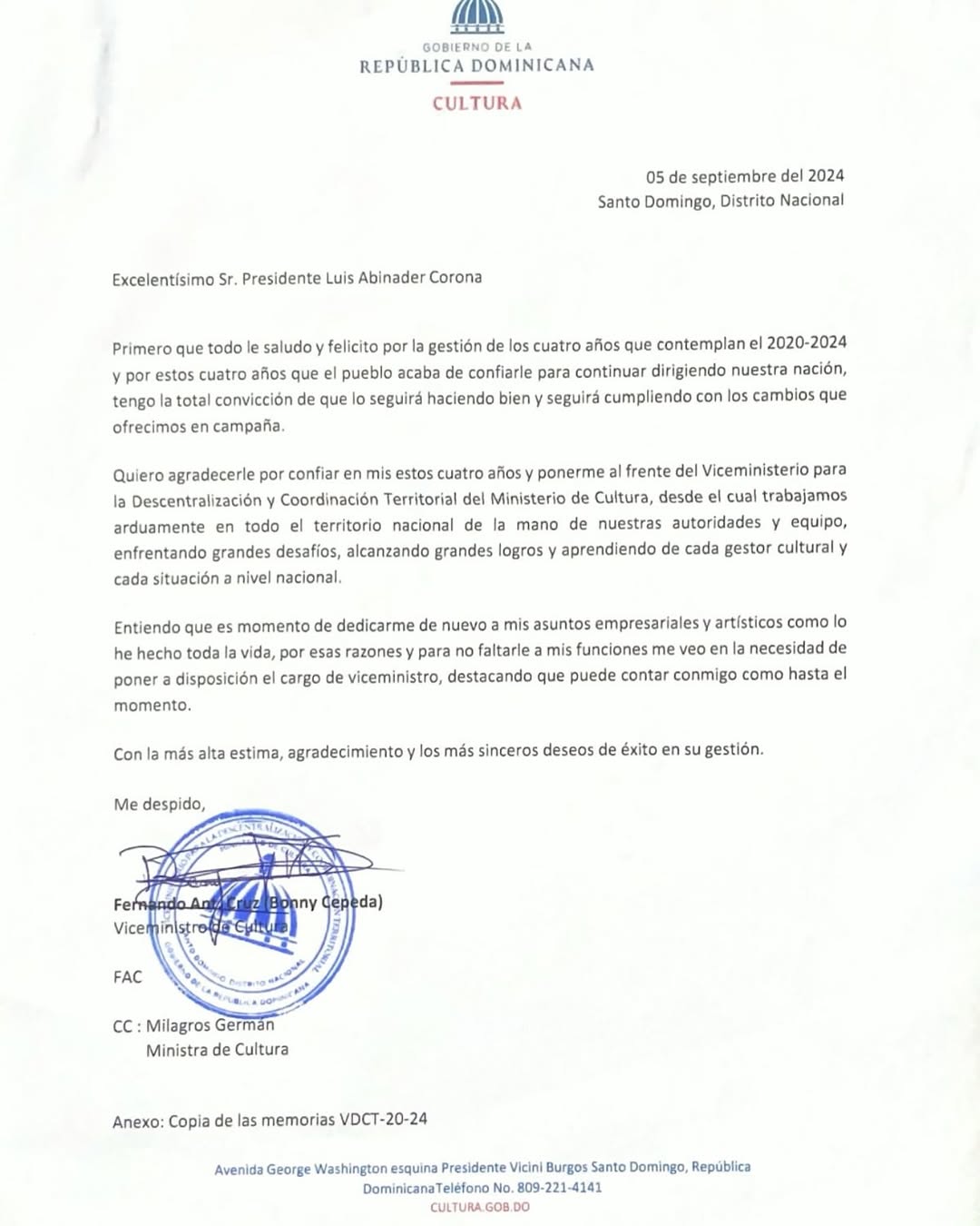 Bonny Cepeda renuncia al Ministerio de Cultura y regresa a los escenarios