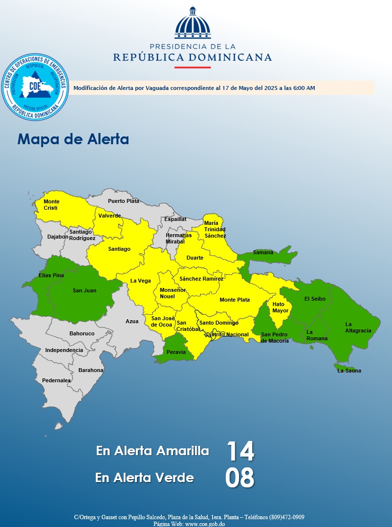 COE actualiza niveles de alerta por lluvias y recomienda precaución en cuenca del Yaque del Norte