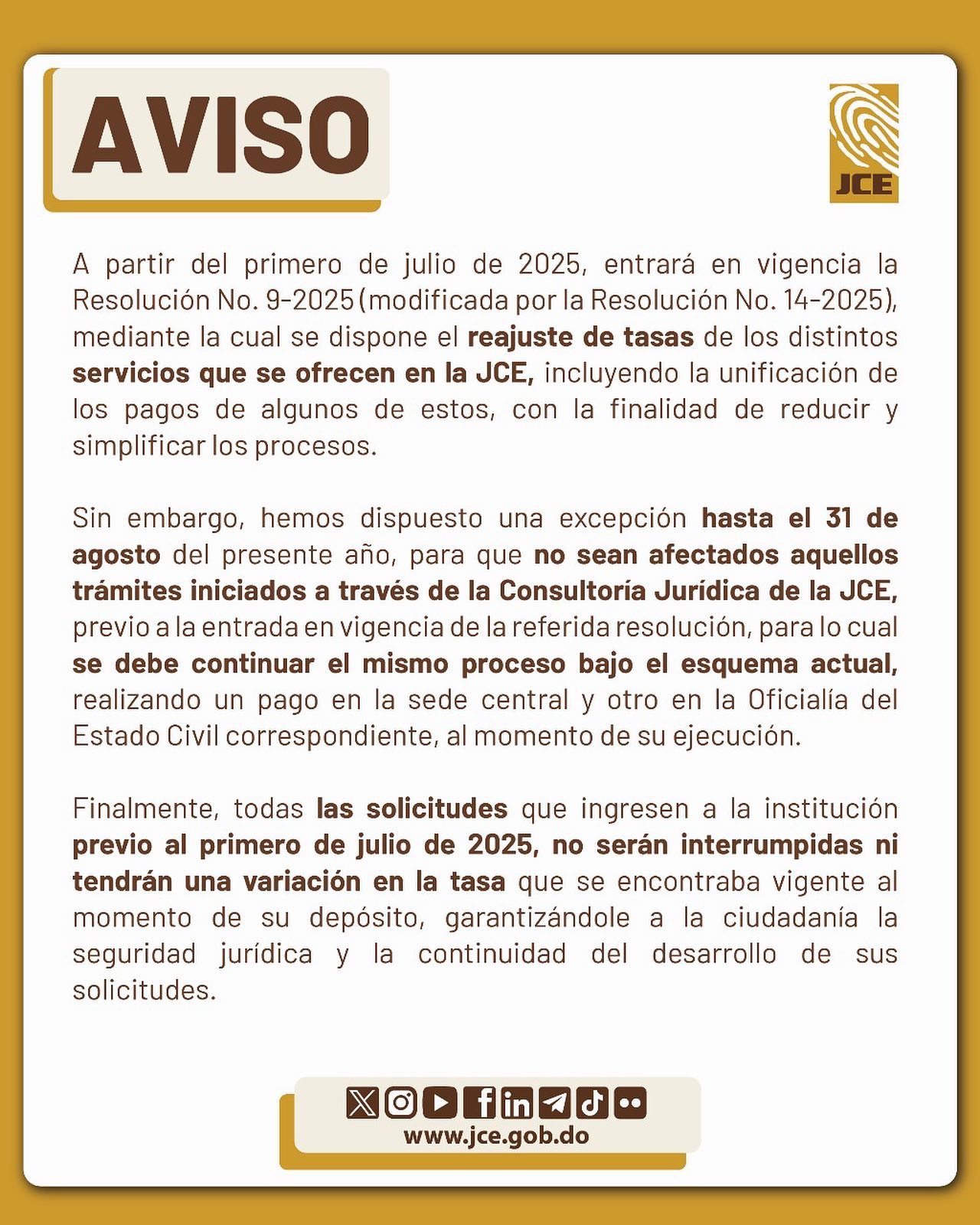 JCE anuncia reajuste de tasas a partir del 1 de julio de 2025
