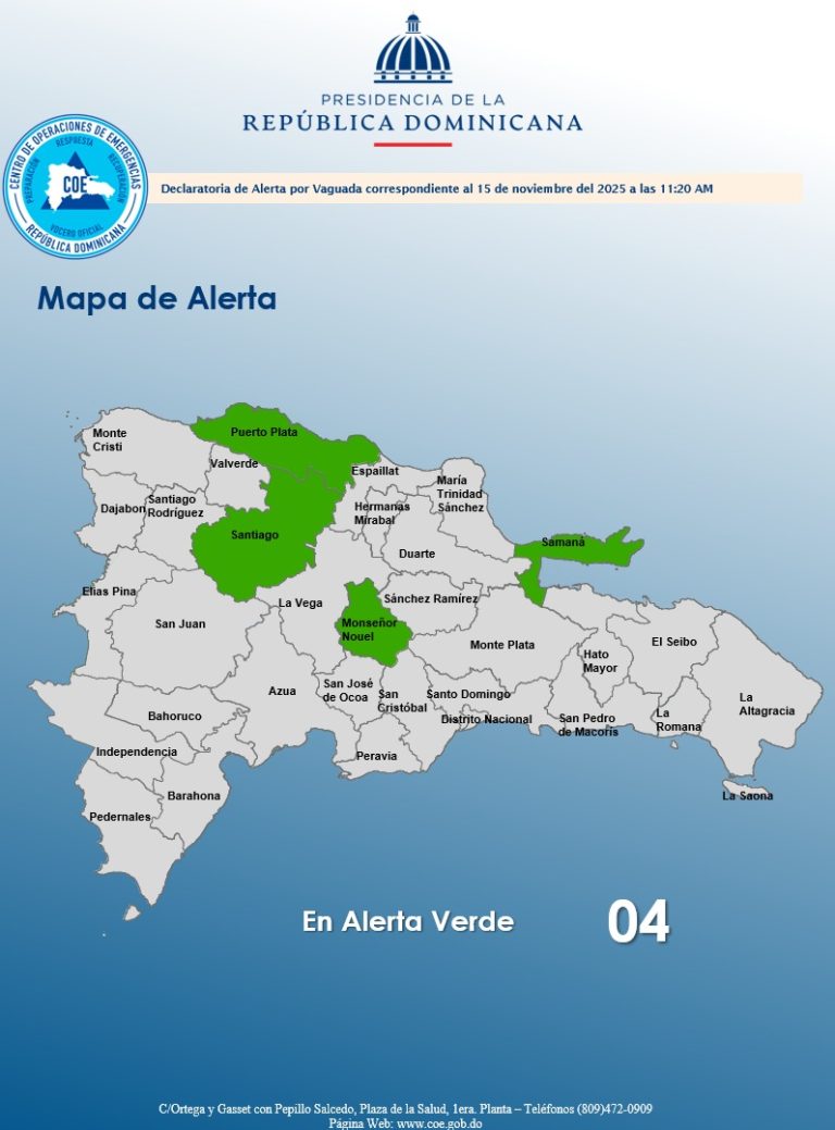 COE coloca cuatro provincias en alerta verde por efectos de una vaguada