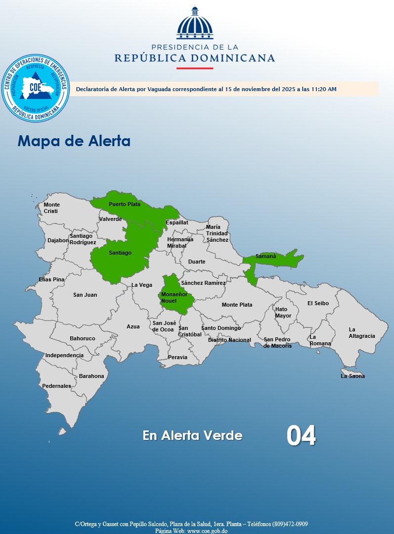 COE coloca cuatro provincias en alerta verde por efectos de una vaguada