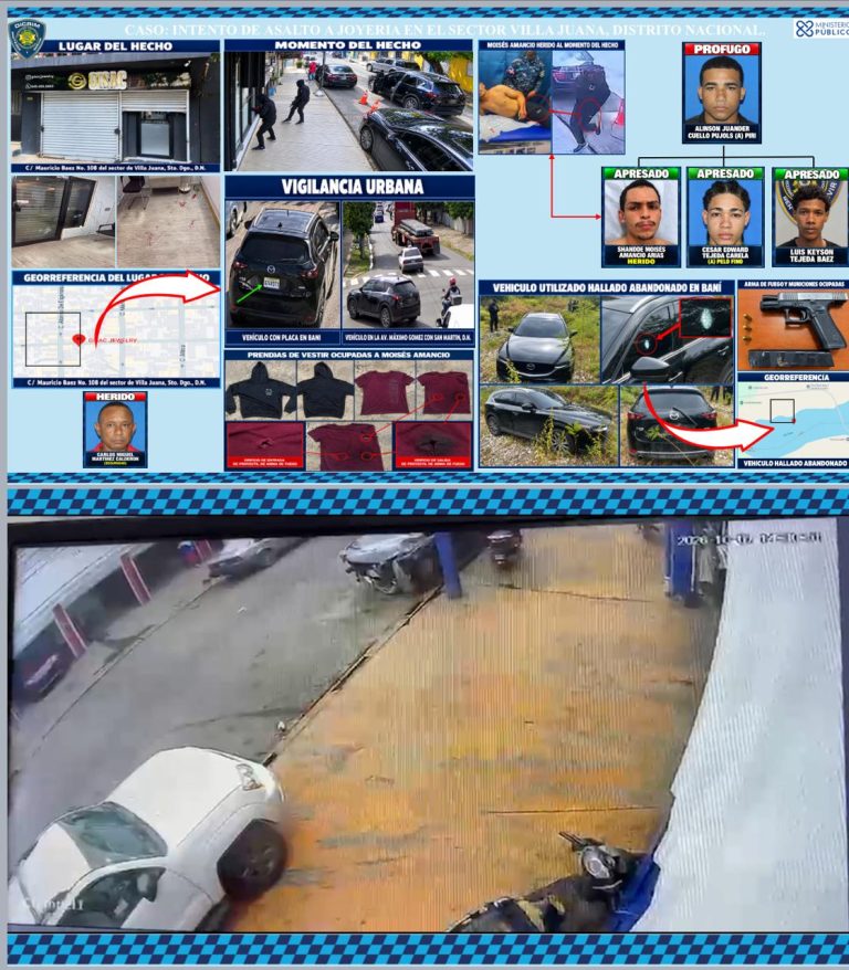 Policía arresta a tres sospechosos por intento de robo en joyería de Villa Juana; buscan a un cuarto implicado