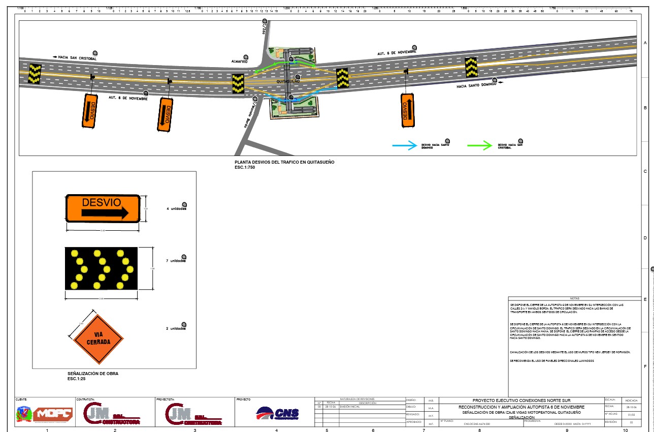 Obras Públicas cerrará parcialmente la Autopista 6 de Noviembre por trabajos en Quita Sueño